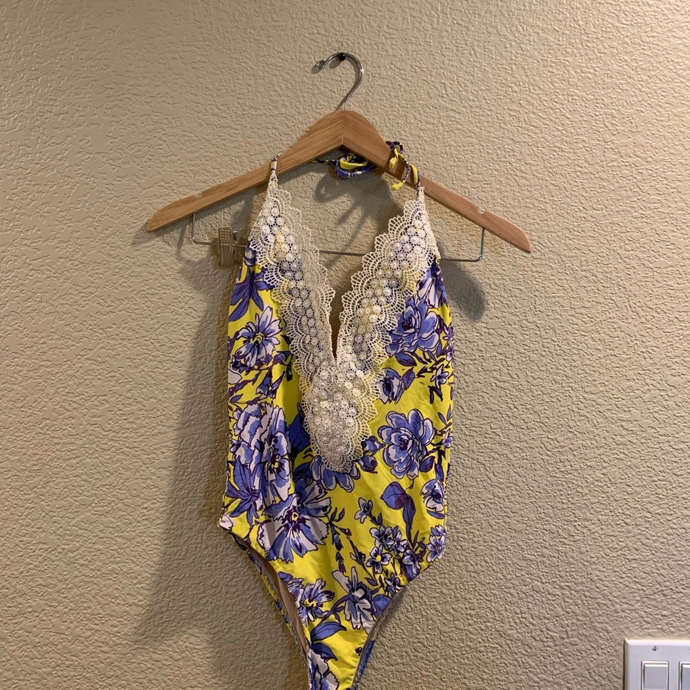 Vibrant Yellow and Purple Floral Bodysuit with Plunging V-neckline